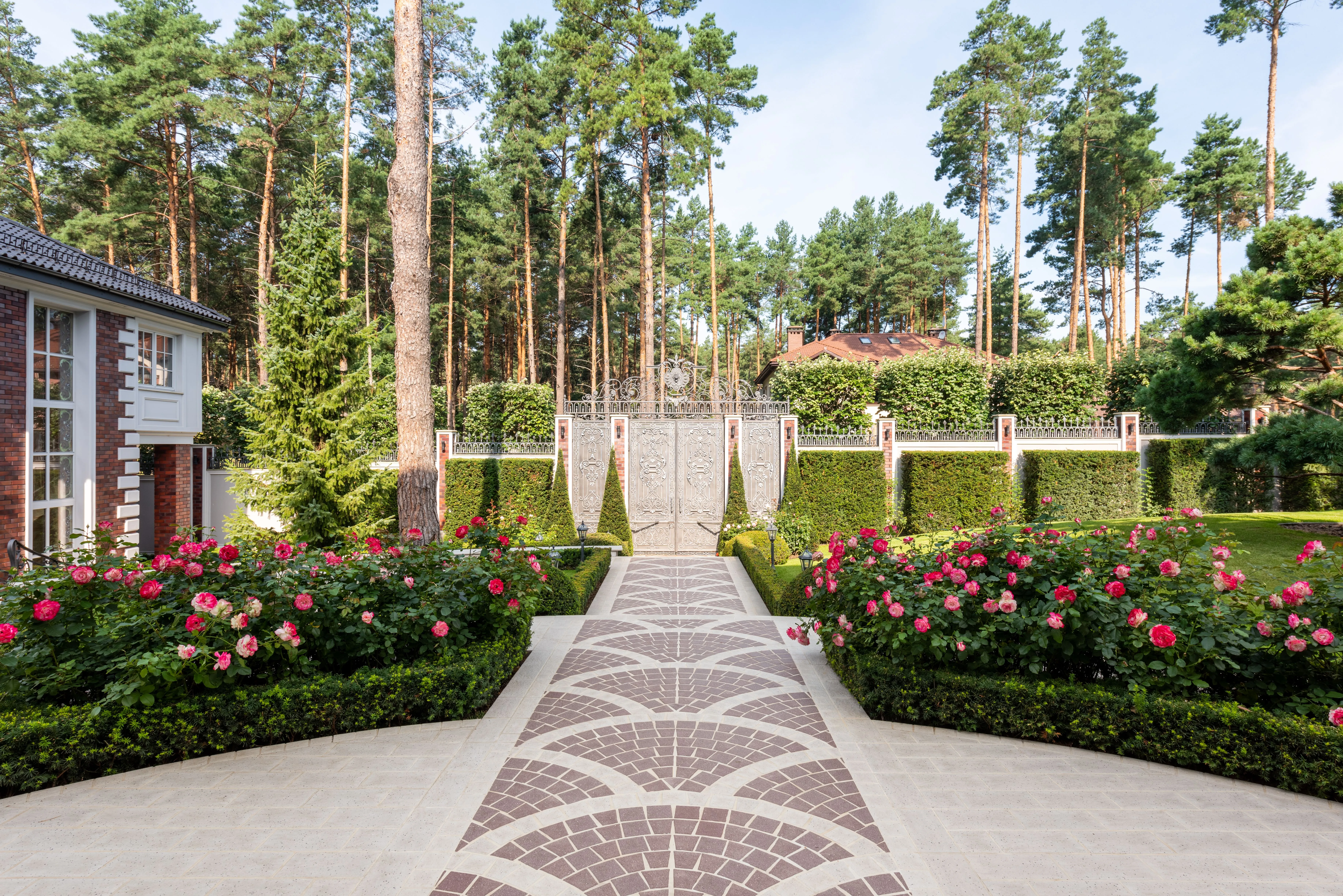 Formal garden with a paved pathway lined by rose beds and clipped hedges