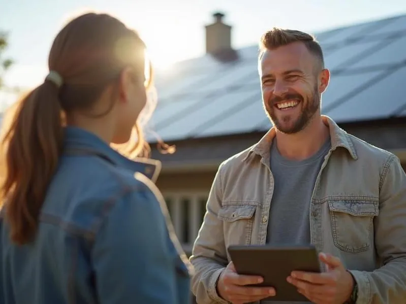 A Vital Energy representative talking with a homeowner in front of their solar-powered home