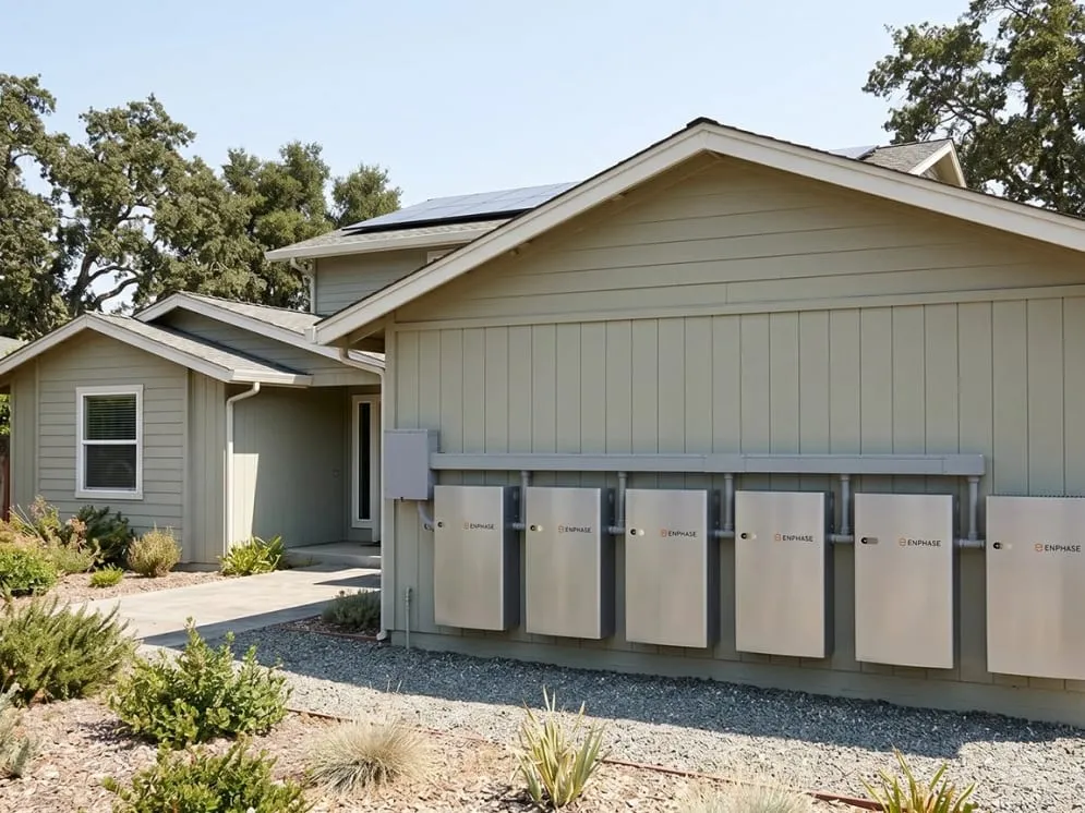 A bank of Enphase home batteries installed on the side of a North Bay home by Vital Energy