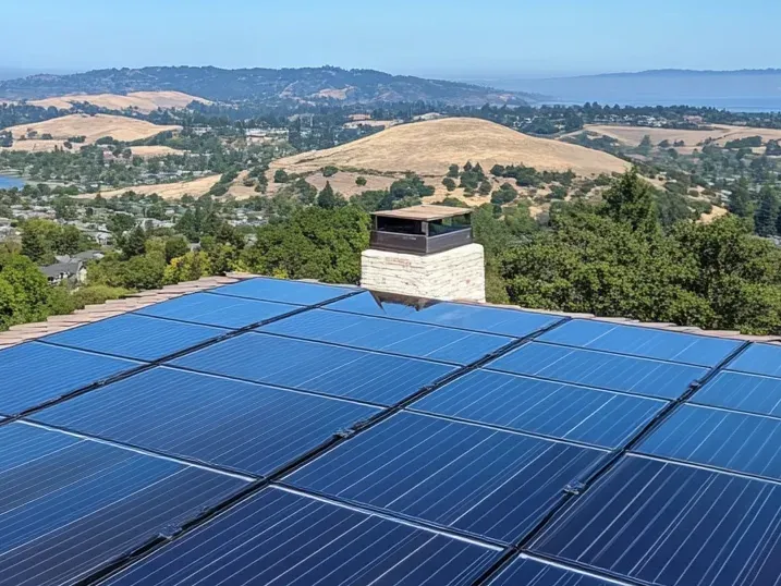 Close-up of a solar panel surface under blue sky