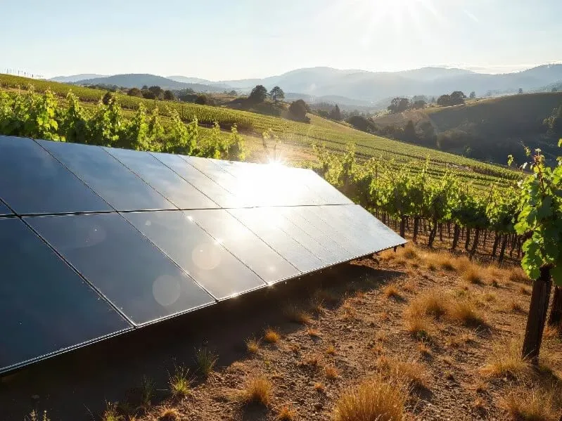 Solar panels in a Sonoma County vineyard at golden hour